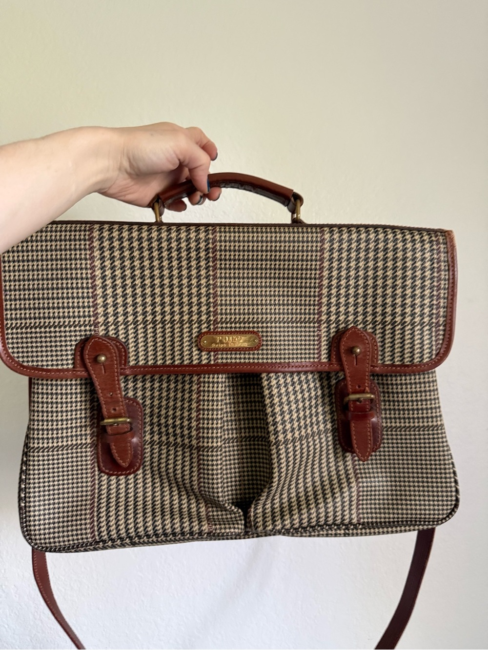 Polo by Ralph Lauren Brown Houndstooth Leather-Trim Briefcase